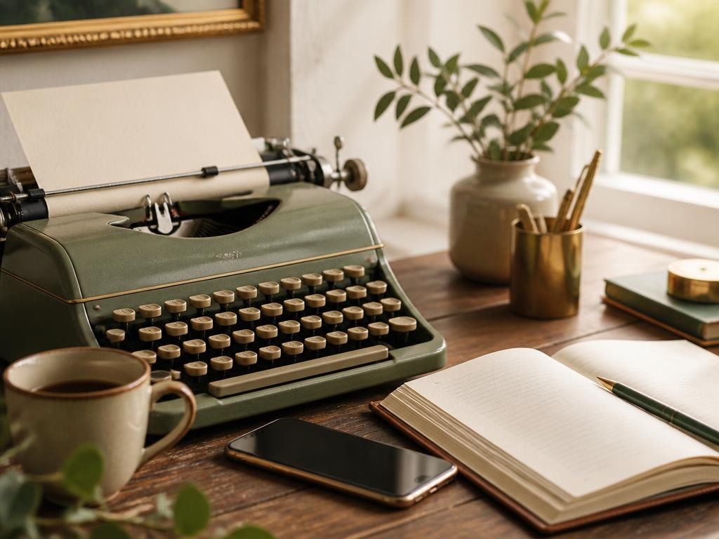 A warm desk with a sage-green typewriter, smartphone, open notebook and coffee in natural light