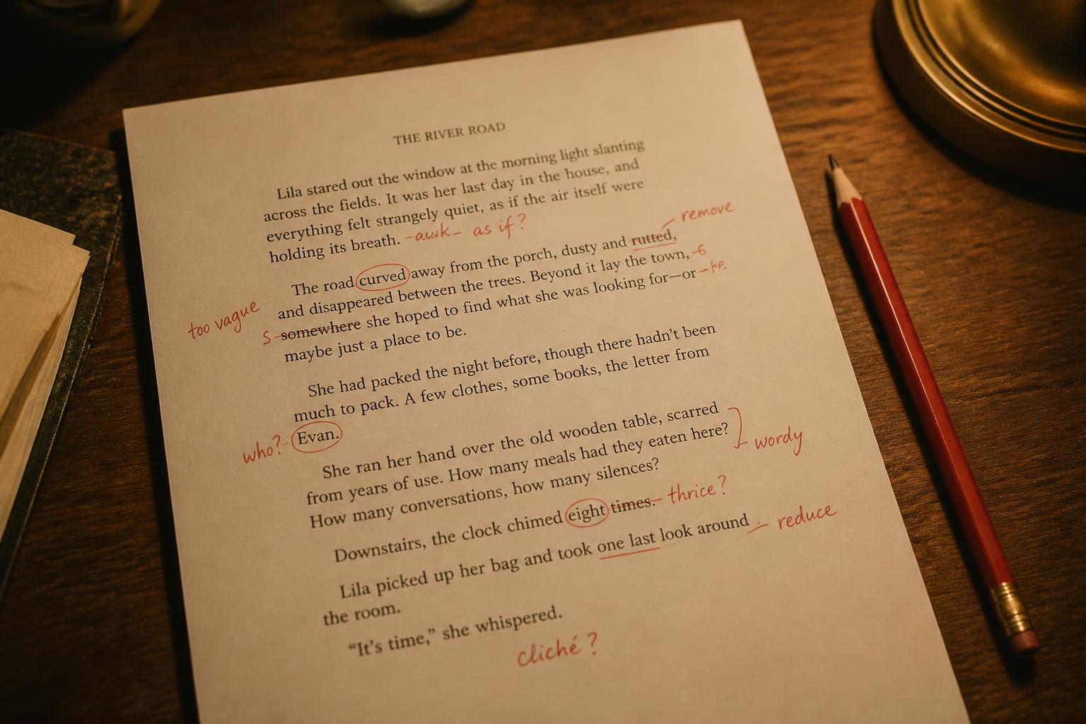 A manuscript page with red-pen proofreading marks and a red pencil