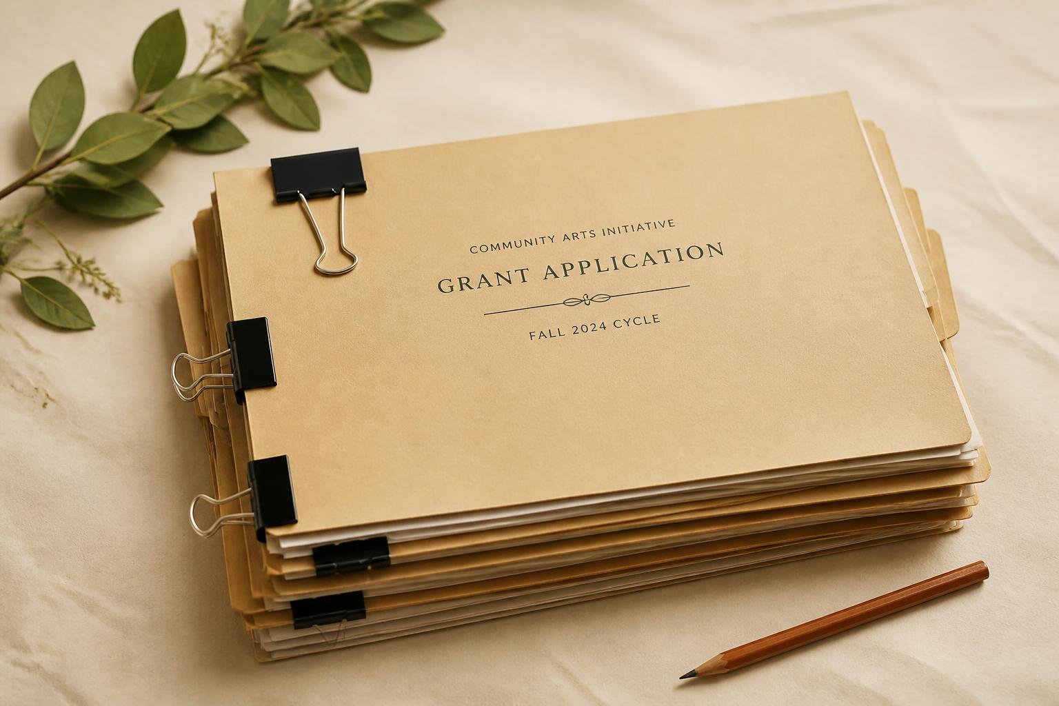 A stack of manila grant application folders with binder clips and a pencil