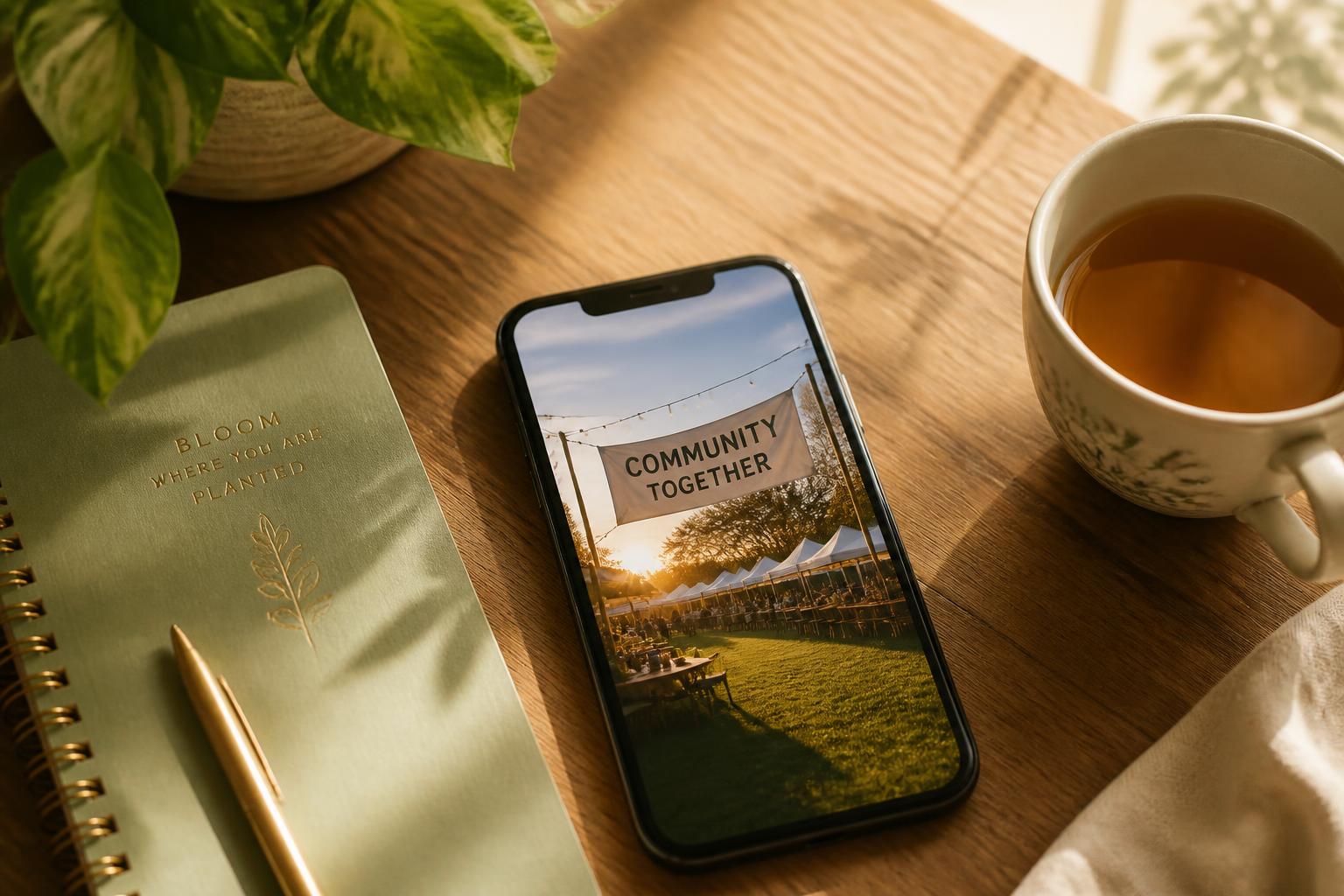 A smartphone on a desk showing a community event photo, beside a notebook and tea